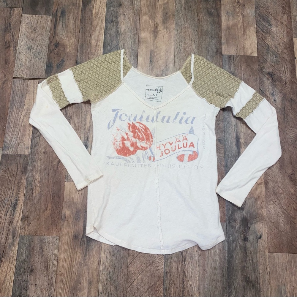 Free People White and Beige Long Sleeve Top